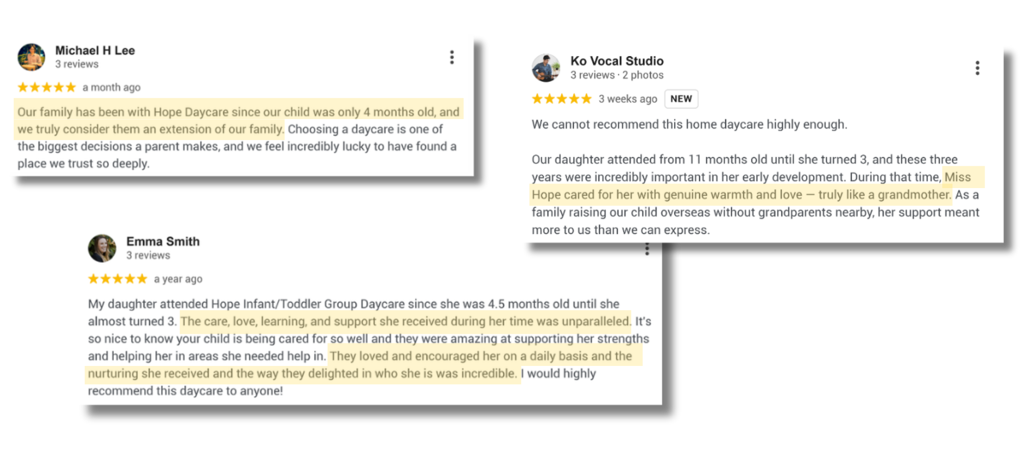 Google reviews from Hope Daycare families
