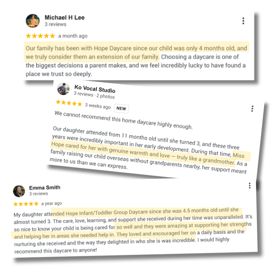 Google reviews from Hope Daycare families